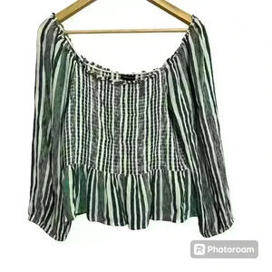 American Eagle Outfitters AEO Blue White Stripe Smocked 3/4 Sleeve  Size Large